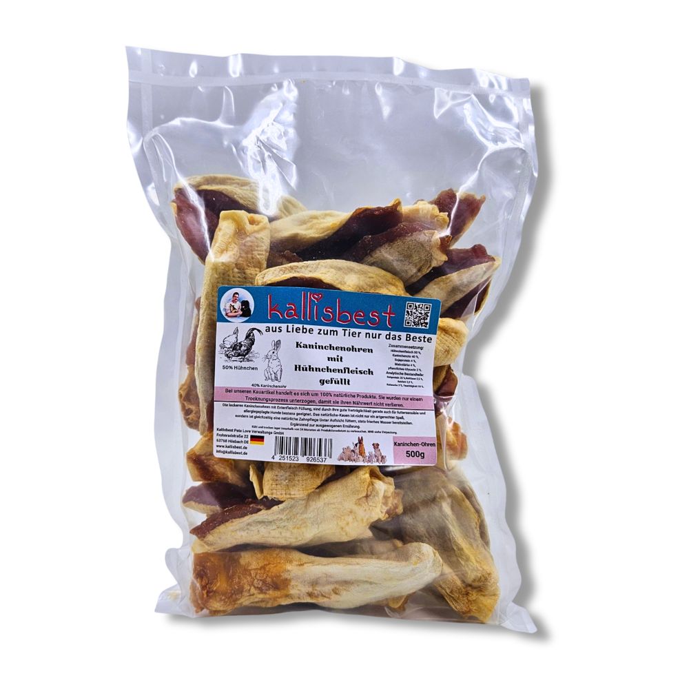Kaninchenohren mit Hühnchenfleisch gefüllt – Naturkauartikel für Hunde | Kallisbest