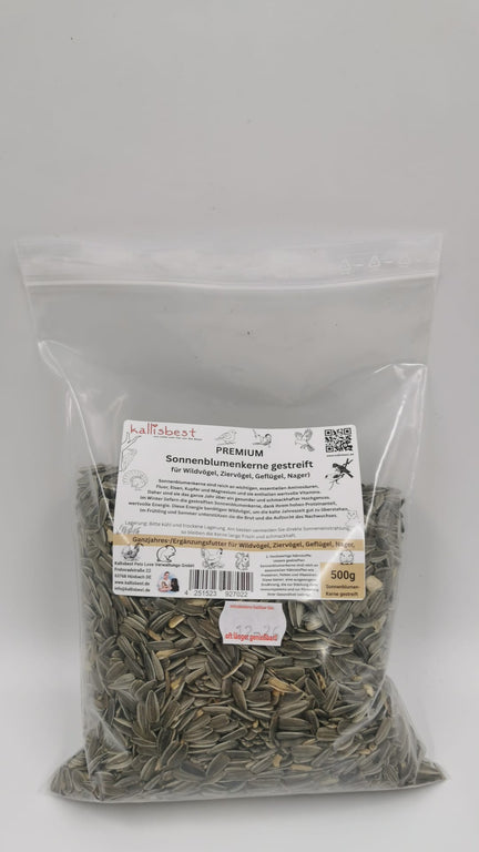 Kallisbest Premium Sonnenblumenkerne gestreift in einer 500g Packung, ideal für Wildvögel und Hoftiere.