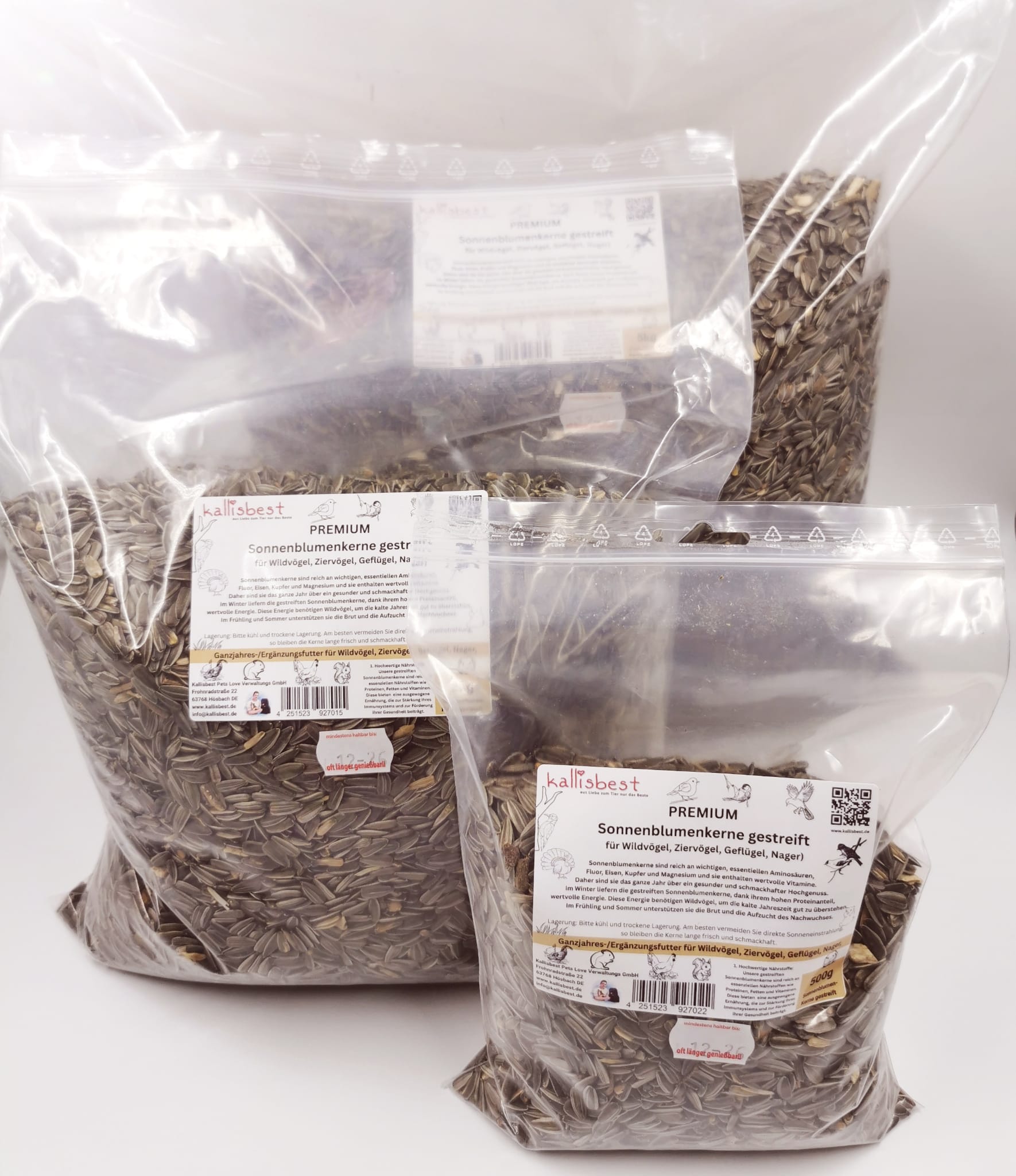 Kallisbest Premium gestreifte Sonnenblumenkerne in 500g-25kg Packung, ideal für Wildvögel, Nager und Geflügel.
