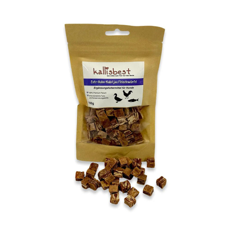 Kallisbest Huhn- und Enten-Fleischwürfel für Hunde, Sorten-Mix in einer 100g Packung, mit Kabeljau.