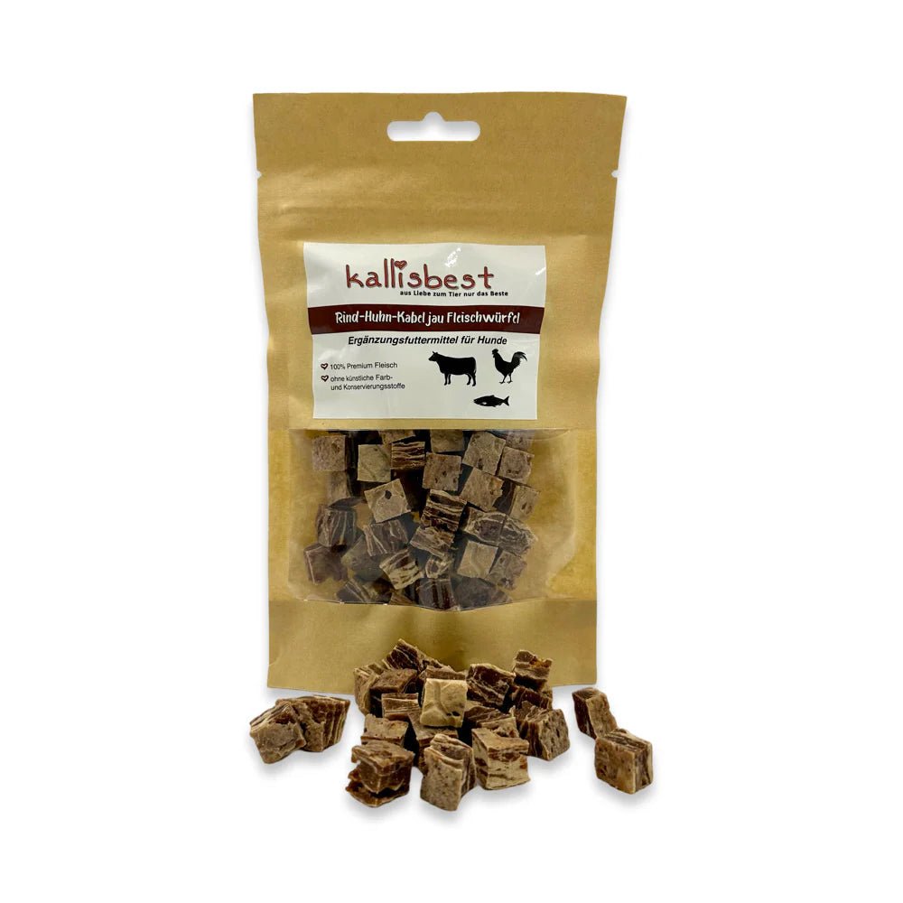 Kallisbest dog supplement featuring mixed beef, chicken, duck, and cod meat cubes in 100g packaging.