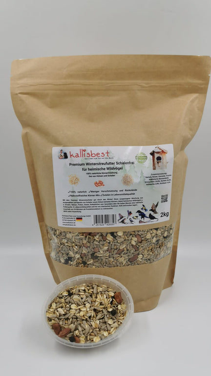 Kallisbest premium winter streufutter for wild birds, 2kg bag, featuring shell-free seeds and grains for feeding birds.