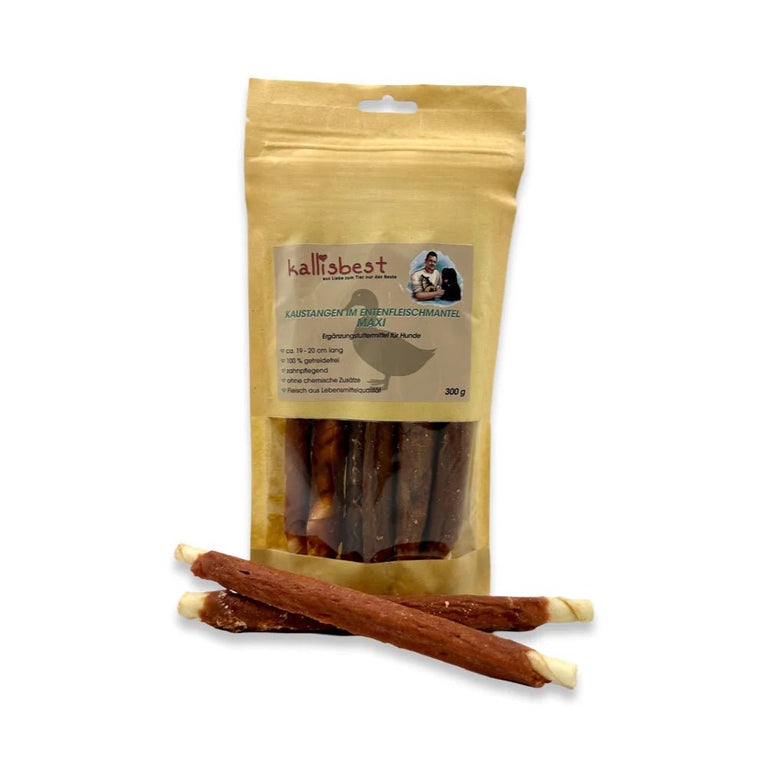 Kallisbest MAXI dog chews wrapped in chicken and duck meat, assorted flavors, suitable for all breeds and ages.