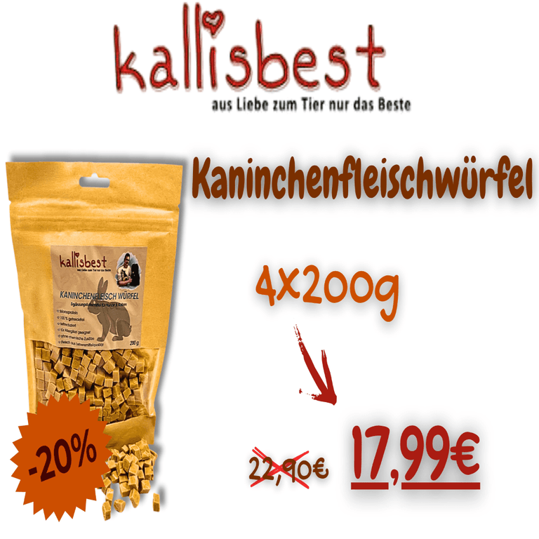 Kallisbest Neu Kaninchenfleischwürfel, Getreidefrei, 200g Leckerbissen für Hunde und Katzen in einer Verpackung.