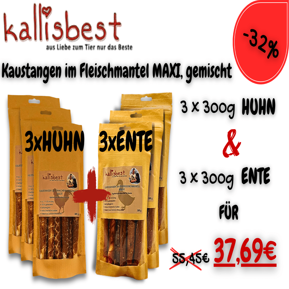 Kaustangen für Hunde im Hühnchen- und Entenfleischmantel, Sorten-Mix, Kallisbest Neu, 6x300g Packung.