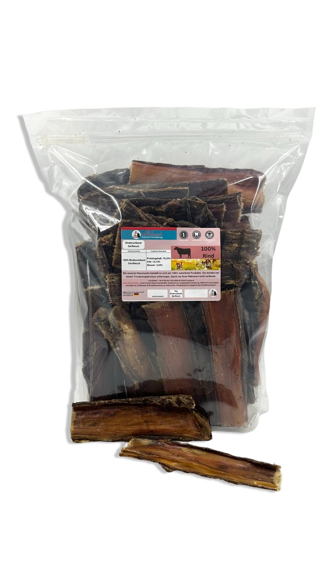 Rinderdörrfleisch Snack für Hunde von Kallisbest, zeigt knusprige Kauartikel in natürlicher Form für alle Rassen.