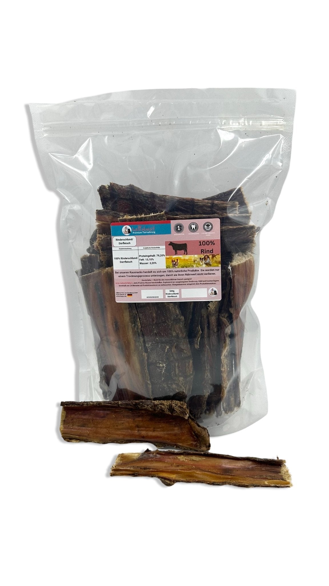 Kallisbest Rinderdörrfleisch für Hunde, gesunde Kauartikel in appetitlicher, fleischiger Textur.