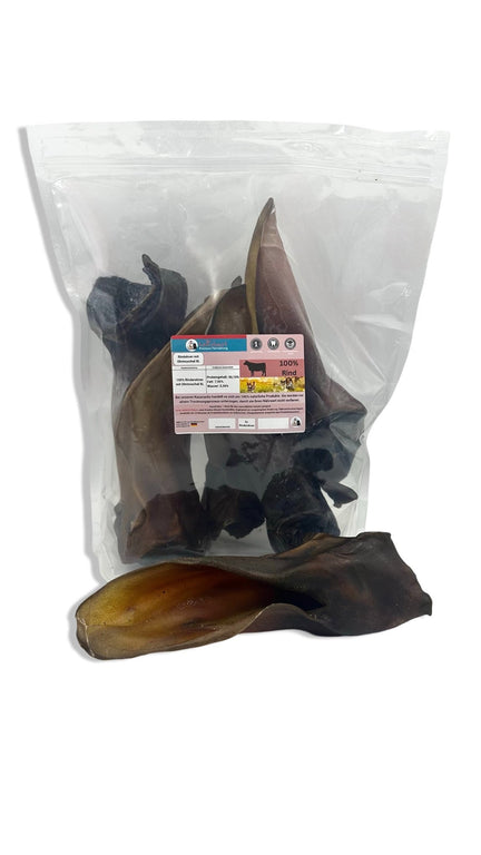 XL beef ears with and without meat shell for dogs, from Kallisbest, showcasing natural chew texture and colors.