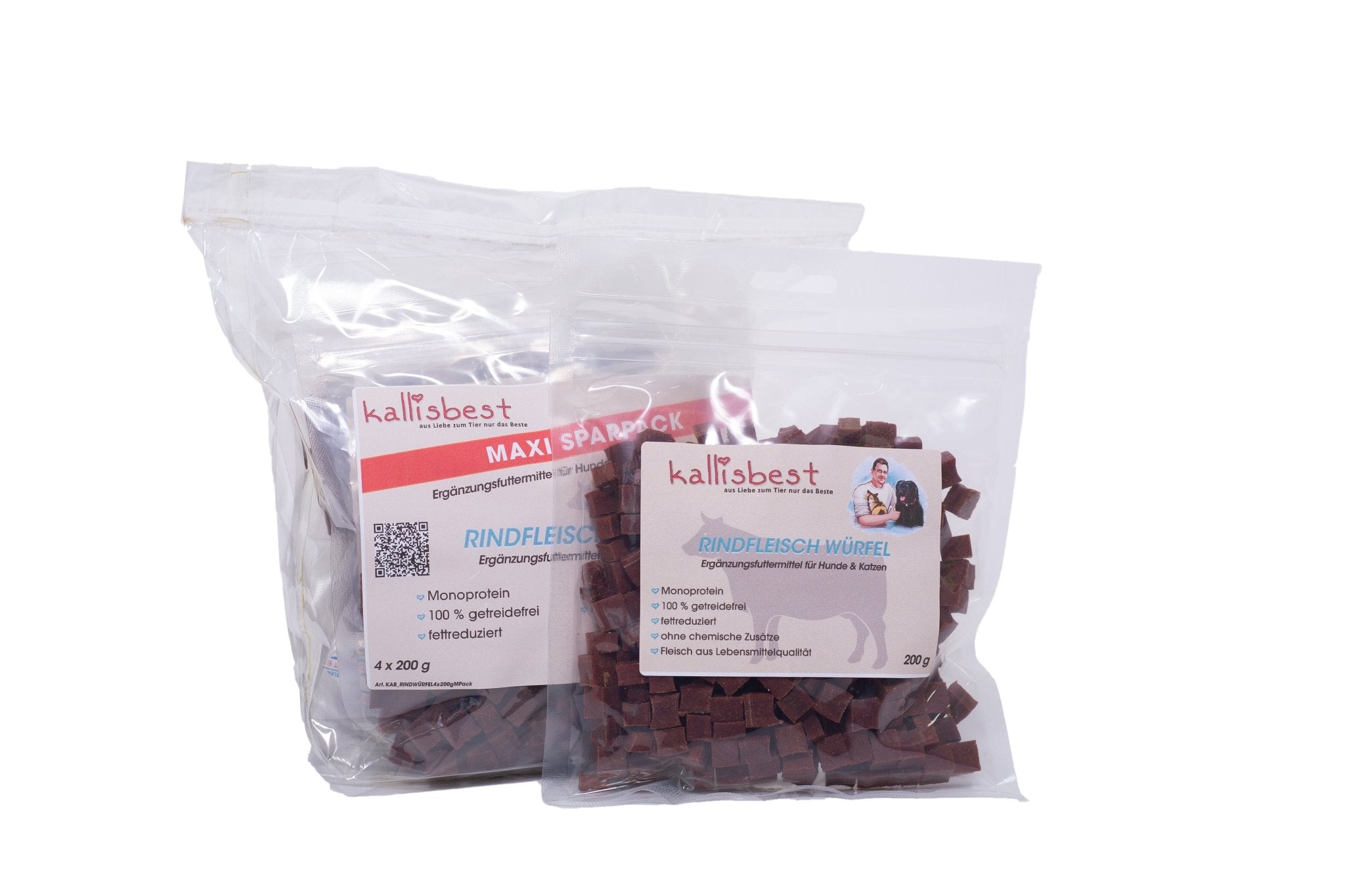 Rindfleischwürfel Maxipack für Hunde und Katzen von Kallisbest, in einem 200g Beutel, mit appetitlichen Snacks.