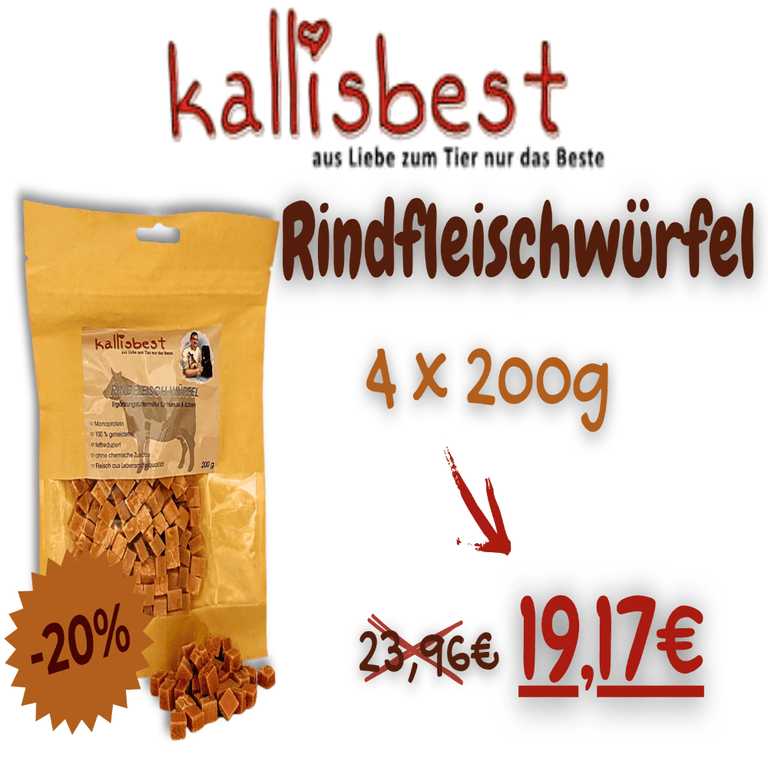 Rindfleischwürfel für Hunde und Katzen, getreidefrei, 200g, Kallisbest Neu, in einer Verpackung mit vier Portionen.