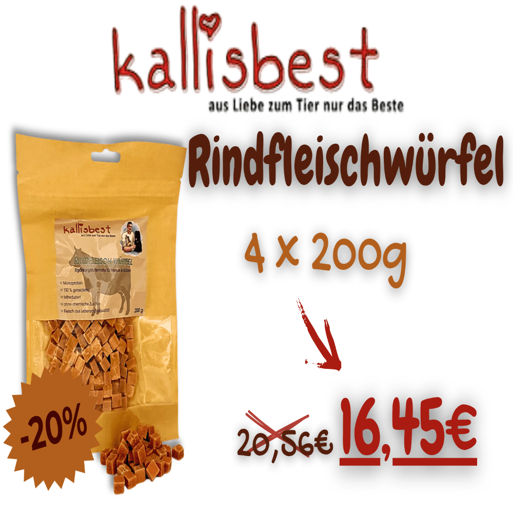Rindfleischwürfel Maxipack für Hunde und Katzen von Kallisbest, in einer transparenten Verpackung, appetitlich arrangiert.
