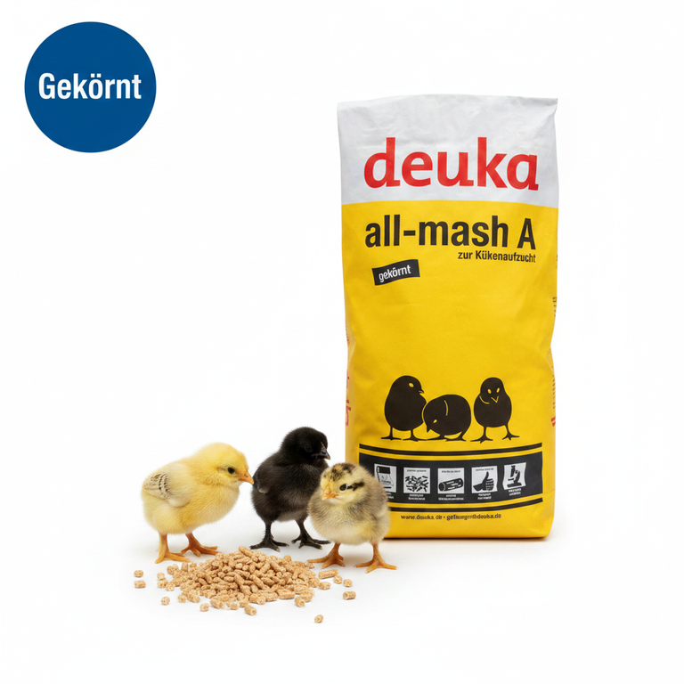 all-mash A gekörnt – Pellets + Küken + Badge