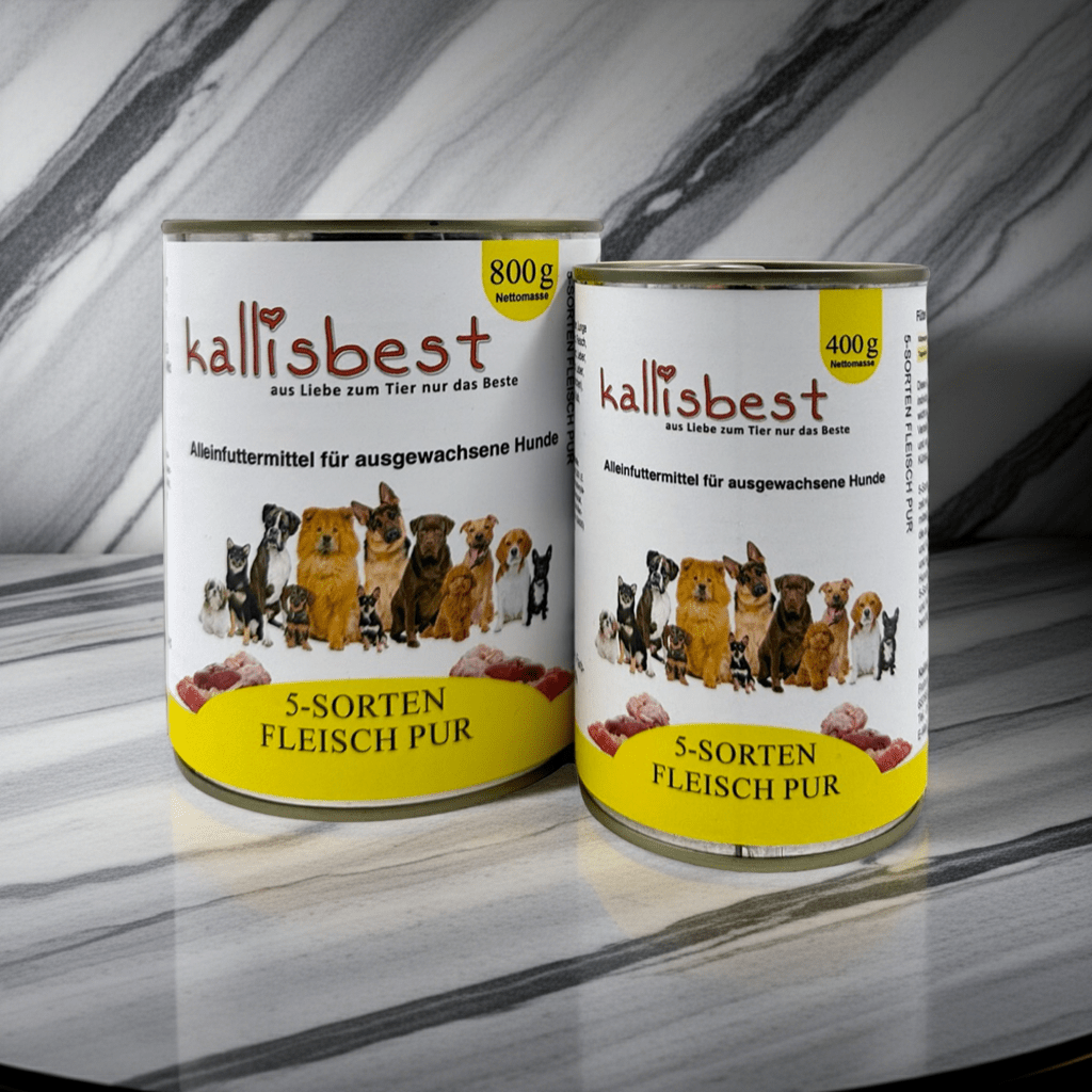 Kallisbest 5 Sorten Fleisch Pur Nassfutter für Hunde in einer Schale, zeigt verschiedene Fleischsorten.