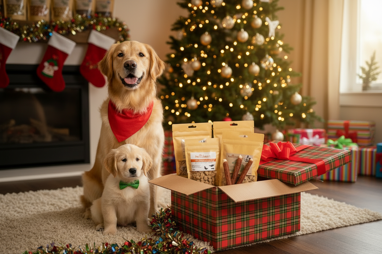 Farbenfrohes Weihnachtsbild mit erwachsenem Hund und Welpe