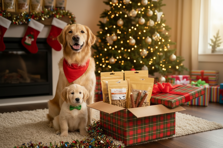 Farbenfrohes Weihnachtsbild mit erwachsenem Hund und Welpe