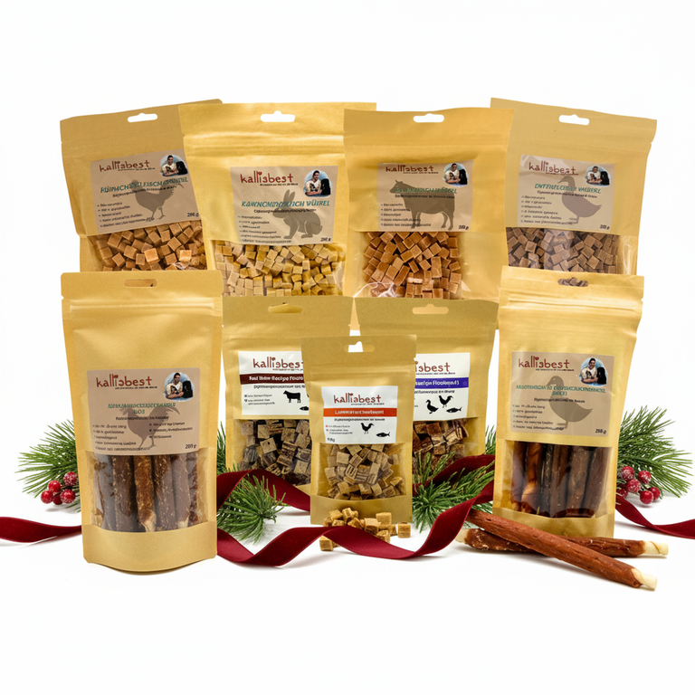 Kallisbest Weihnachtsbox für Hunde mit 9 Leckerli und Kauartikeln