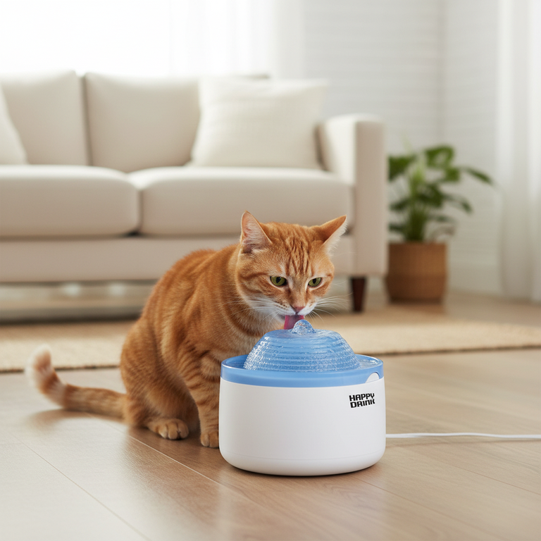 Katze trinkt aus Croci Happy Drink Katzenbrunnen Blau
