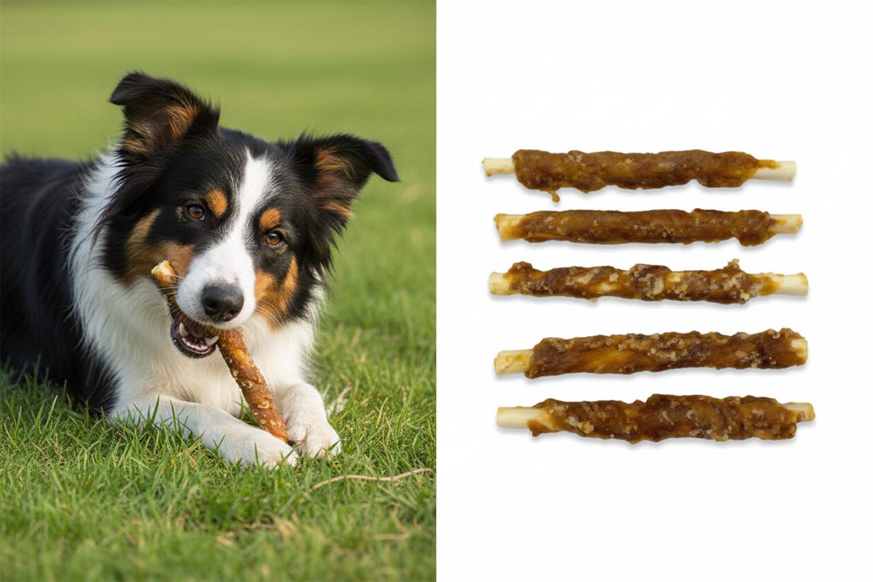 Kaustange im Hühnchenfleischmantel ca. 18 cm – Split-Bild mit Border Collie