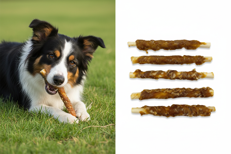 Kaustange im Hühnchenfleischmantel ca. 18 cm – Split-Bild mit Border Collie