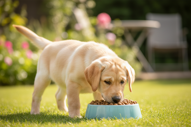 Labrador Welpe frisst Kallisbest Welpenfutter