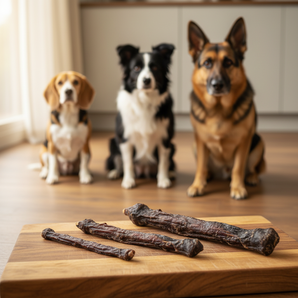 Drei Größen Pferdeziemer mit drei Hunden