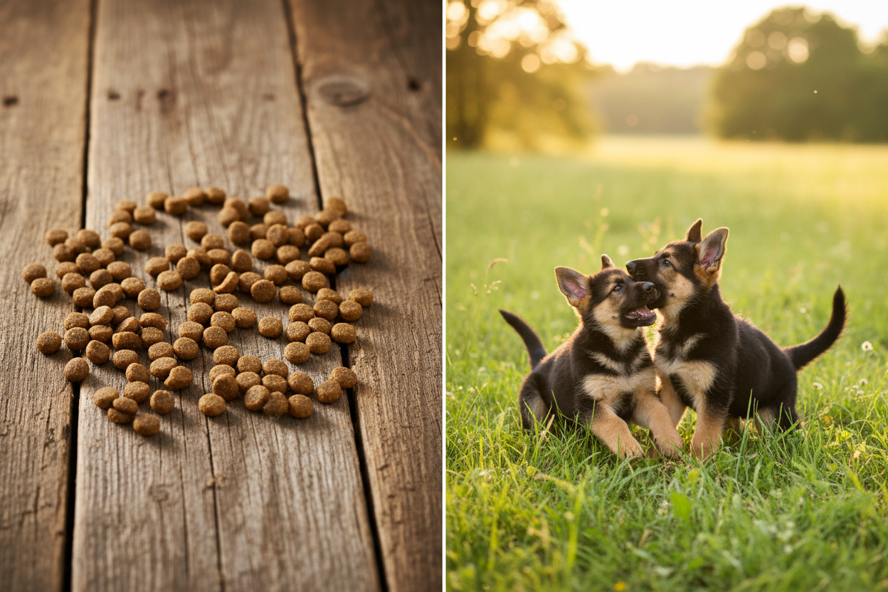 Split-Bild Kroketten & zwei Schäferhund-Welpen