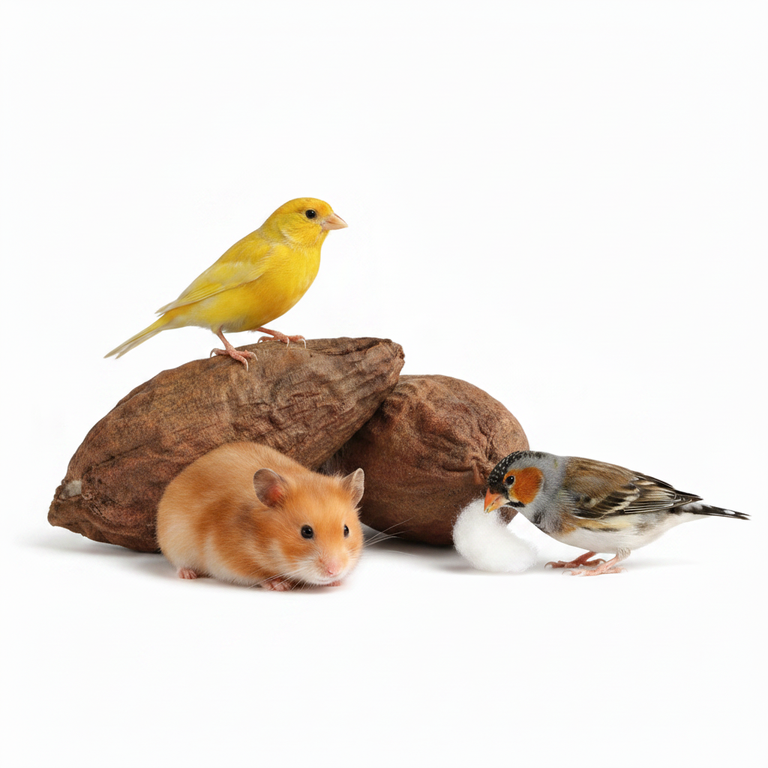Baumwollschoten mit Kanarienvogel, Zebrafink und Hamster