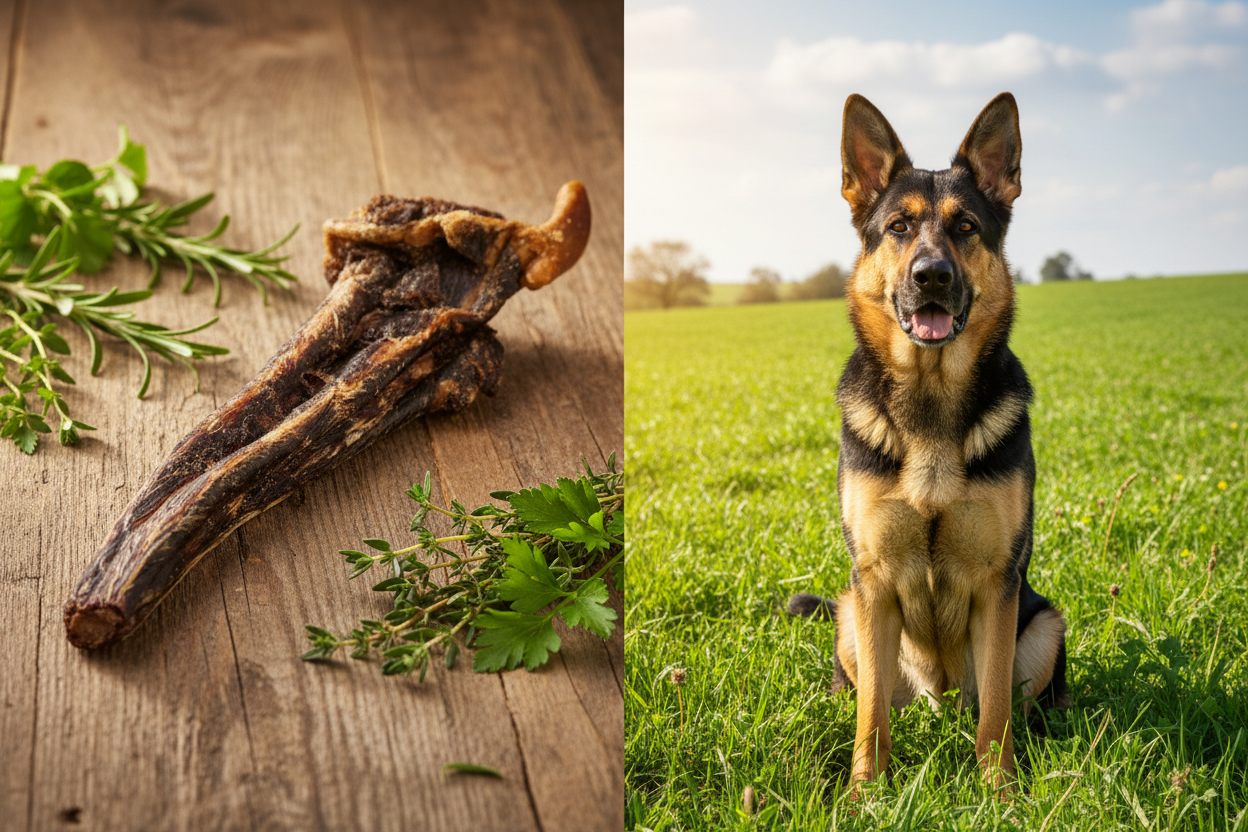 Kallisbest Pferdeschweif getrocknet – Split-Bild mit Schäferhund
