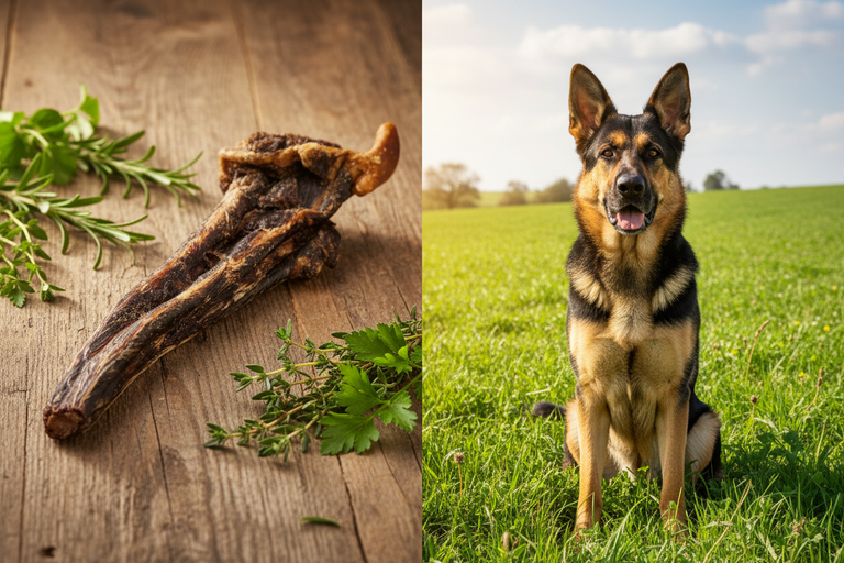 Kallisbest Pferdeschweif getrocknet – Split-Bild mit Schäferhund