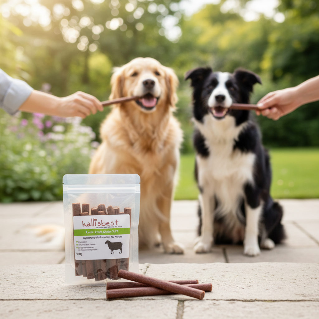 Lamm Sticks Soft – Verpackung vorne, Golden Retriever und Border Collie im Hintergrund