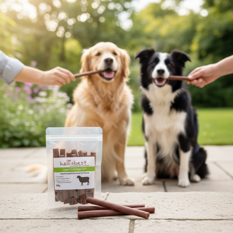 Lamm Sticks Soft – Verpackung vorne, Golden Retriever und Border Collie im Hintergrund