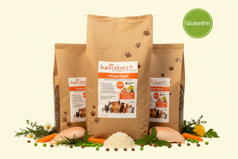 Hühnchenmenü medium Kroketten – Verpackung mit Zutaten und Glutenfrei-Badge