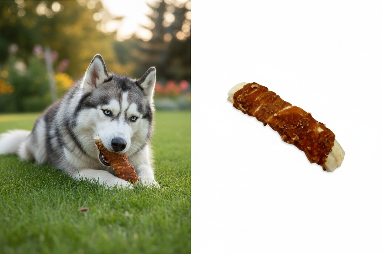 Rippe im Hühnchenfleischmantel XL – Split-Bild mit Husky