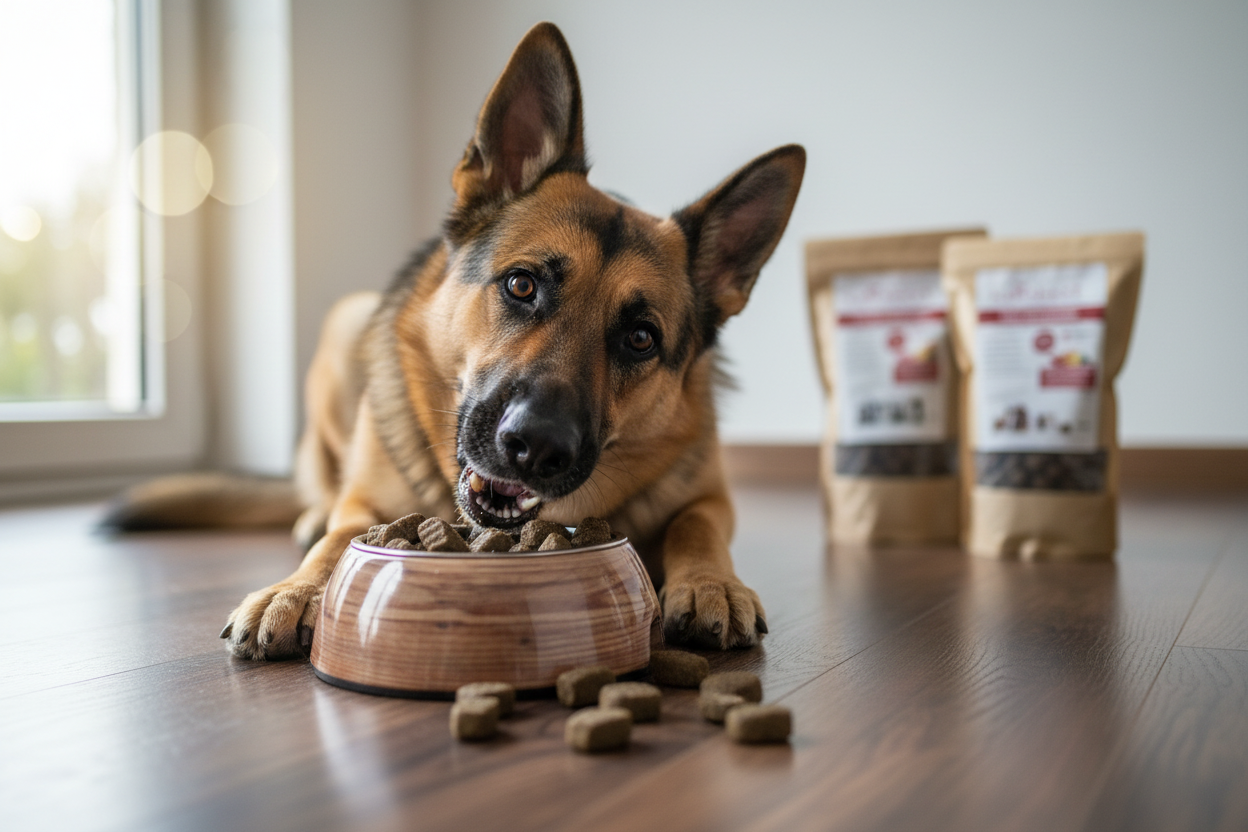 Schäferhund frisst begeistert Kallisbest Trockenfutter große Kroketten aus Napf