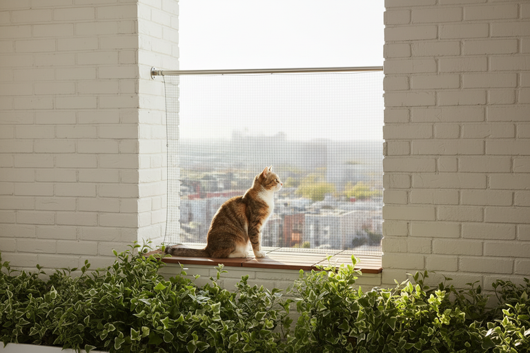 Katze auf Balkon hinter Schutznetz mit langer Spannstange