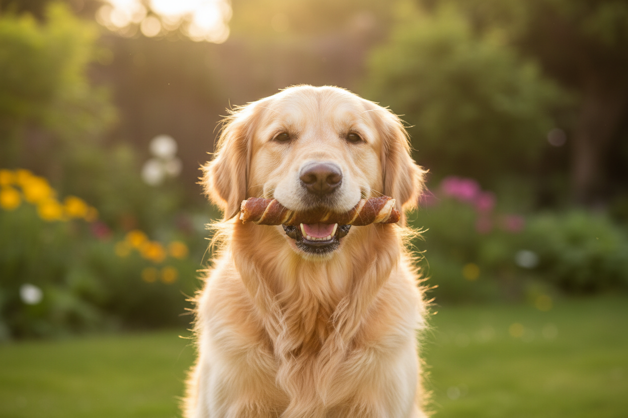Golden Retriever kaut Kallisbest Spirale im Entenfleischmantel