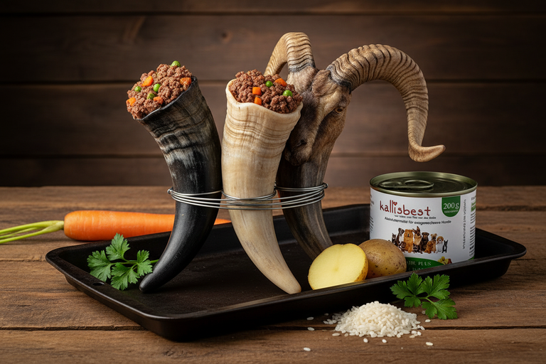 3 Naturhörner aufrecht auf Backblech befüllt, daneben Kallisbest Sensible Hirsch & Kartoffel Dose mit frischen Zutaten. Abbildung kann vom Naturprodukt abweichen.
