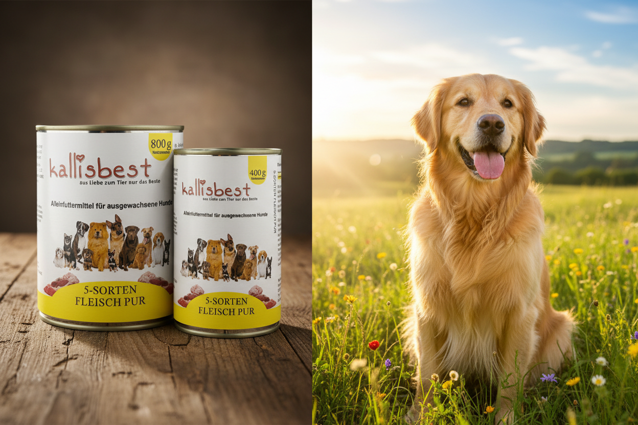 Kallisbest 5 Sorten Fleisch Pur – Split-Bild mit Golden Retriever