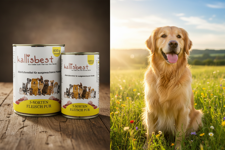 Kallisbest 5 Sorten Fleisch Pur – Split-Bild mit Golden Retriever