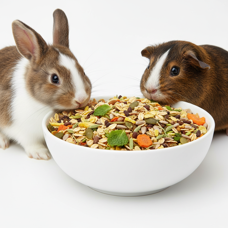 Kaninchen und Meerschweinchen fressen Nagermüsli aus dem Napf