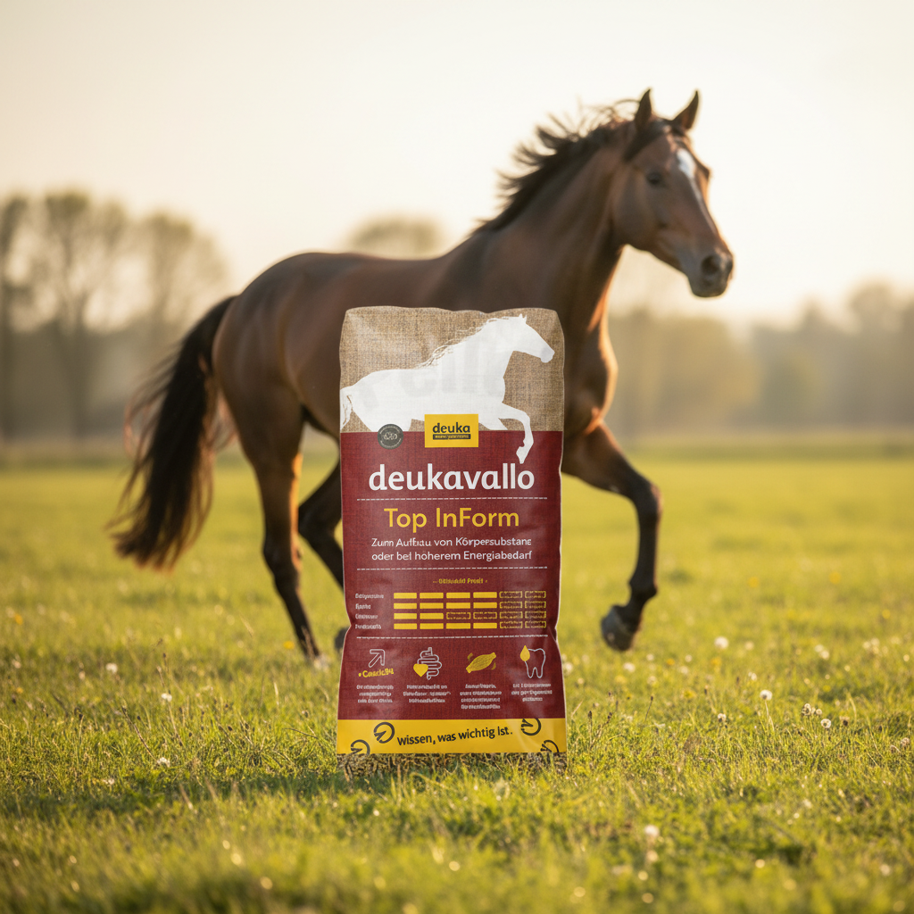 Deukavallo Top InForm 25 kg – Kombibild mit Sportpferd