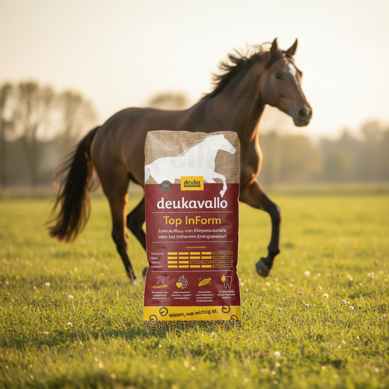 Deukavallo Top InForm 25 kg – Kombibild mit Sportpferd