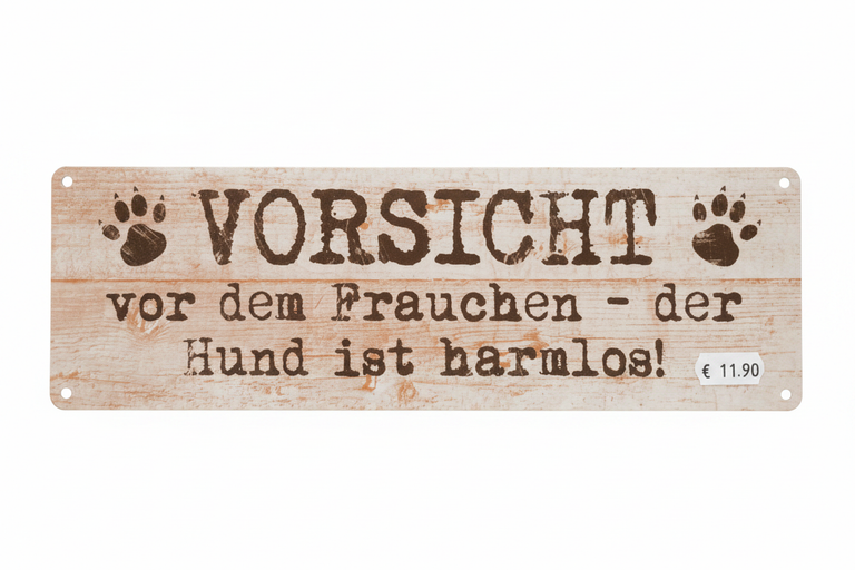 Metallschild – Vorsicht vor dem Frauchen – der Hund ist harmlos!