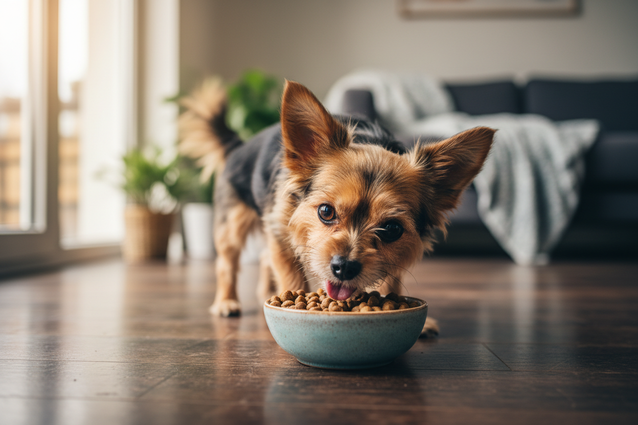 Kleiner Hund frisst begeistert Kallisbest Trockenfutter kleine Kroketten aus Napf
