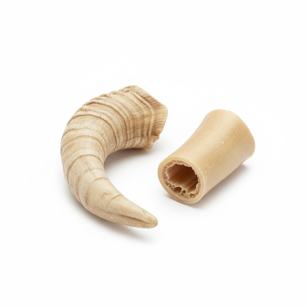 Schafshorn für Hunde – ganz und aufgeschnitten, hohl sichtbar. Farbe & Größe können als Naturprodukt abweichen.