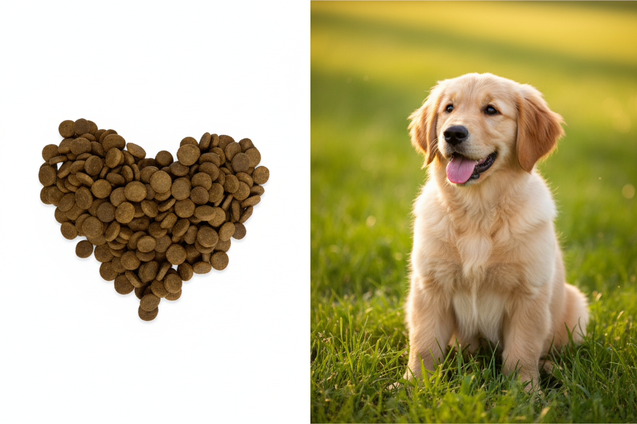 Kallisbest Welpenfutter – Split-Bild Kroketten & Golden Retriever Welpe