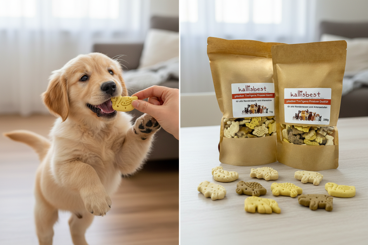 Welpe bekommt gebackene Tierfigur Hundekeks – Kallisbest Premium Qualität