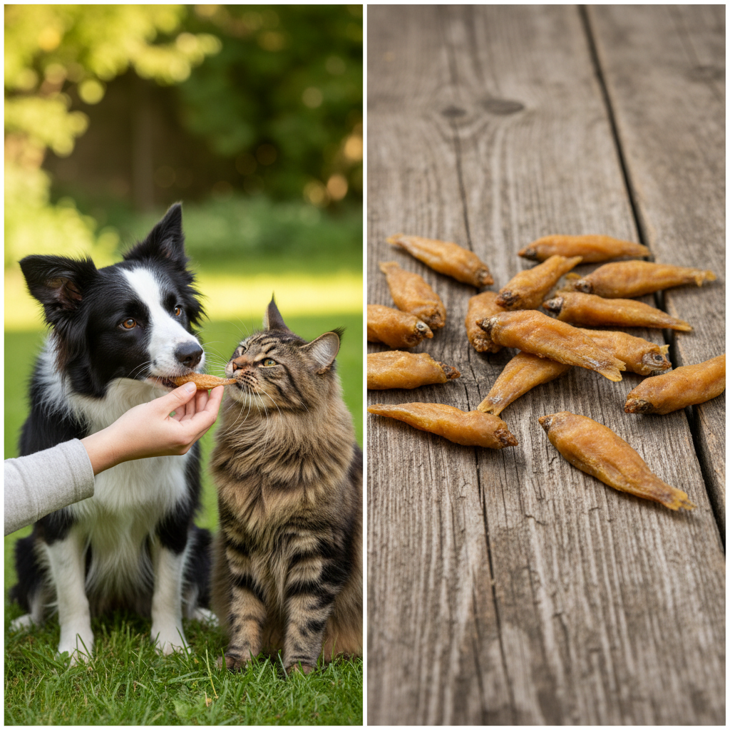 Fische im Hühnerbrustfiletmantel – Border Collie und Maine Coon bekommen Leckerli aus der Hand, loses Produkt auf Holzbrett