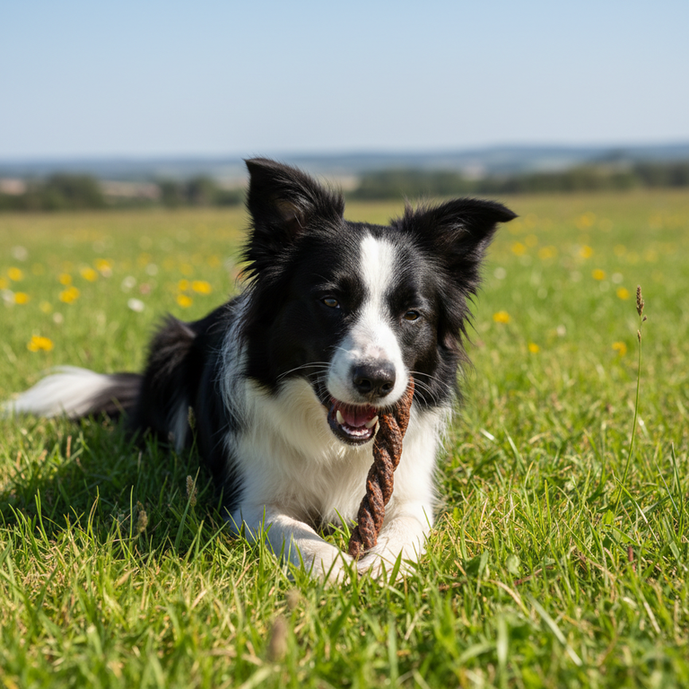 Border Collie frisst Pferdestrossen in der Natur
