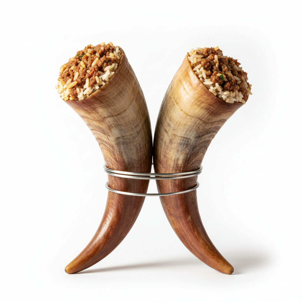 Zwei Naturhörner zusammengebunden mit Edelstahldraht, befüllt mit Fleisch-Füllung – bereit zum Backen. Abbildung kann vom Naturprodukt abweichen.